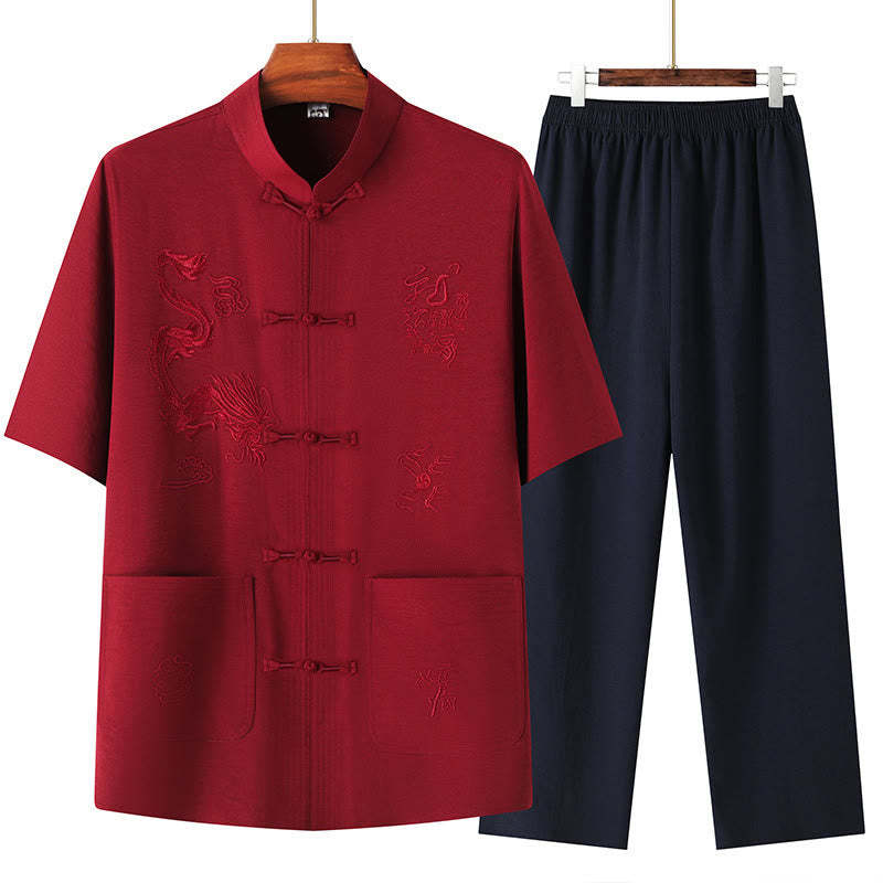 Tang Suit Hanfu Chinese Dragon Traditional Kung Fu Uniform Short Sleeve Tops and Pants Clothing Men's Set
