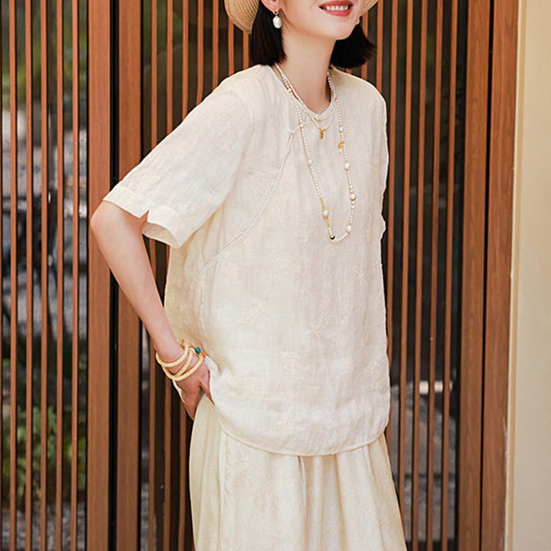 Ramie Linen Loose Blouse Short Sleeve Shirt Chinese Style Top