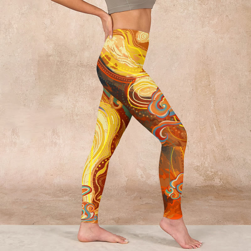 Golden Auspicious Cloud Waves Print Gym Leggings Women's Yoga Pants