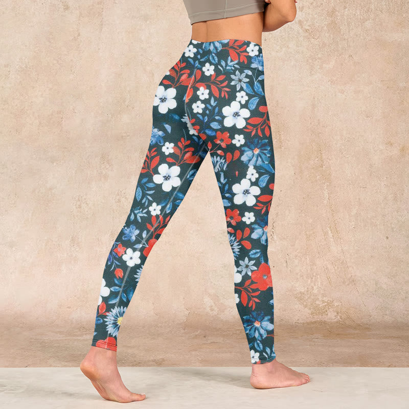 Red White Flower Dandelion Print Gym Fitness Leggings Women's Yoga Pants