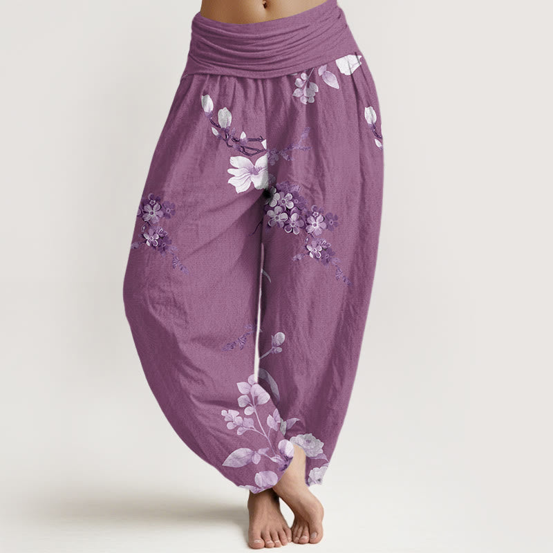 Blooming And Budding Flowers With Leaves Pattern Women's Elastic Waist Harem Pants