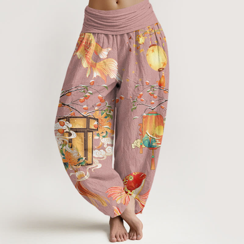 Koi Fish Lanterns Chrysanthemums Fruit Trees Women's Elastic Waist Harem Pants