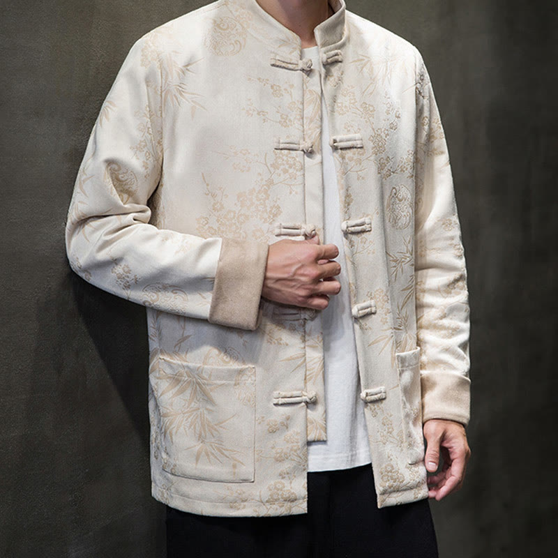 Chinese New Year Clothes Flowers Bamboo Solid Color Cuff Frog-button Tang Suit Cotton Men's Jacket Shirt With Pockets