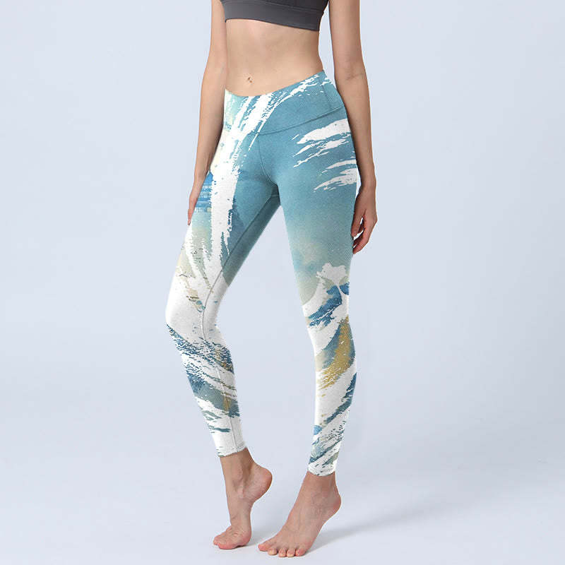Blue White Beige Wave Graffiti Print Sports Fitness Leggings Women's Yoga Pants