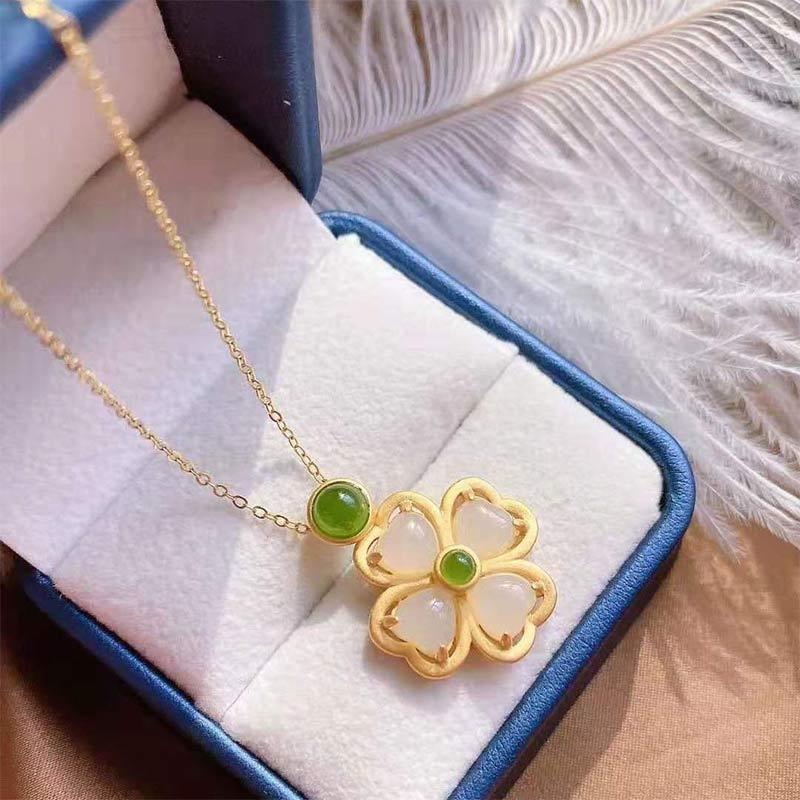 925 Sterling Silver Lucky Four Leaf Clover Jade Prosperity Necklace Chain Pendant