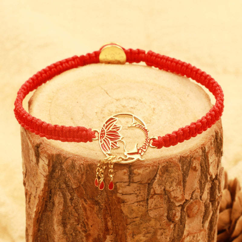 Tibetan Handmade Lotus Koi Fish Lucky Red String Bracelet