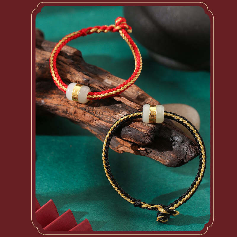 999 Gold Hetian White Jade Om Mani Padme Hum Fu Character Luck Braided Bracelet