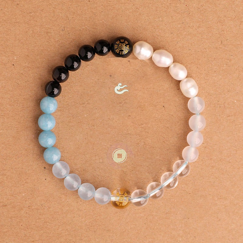Five Elements Various Agate Crystal Black Onyx Green Chalcedony Aquamarine Wisdom Bracelet