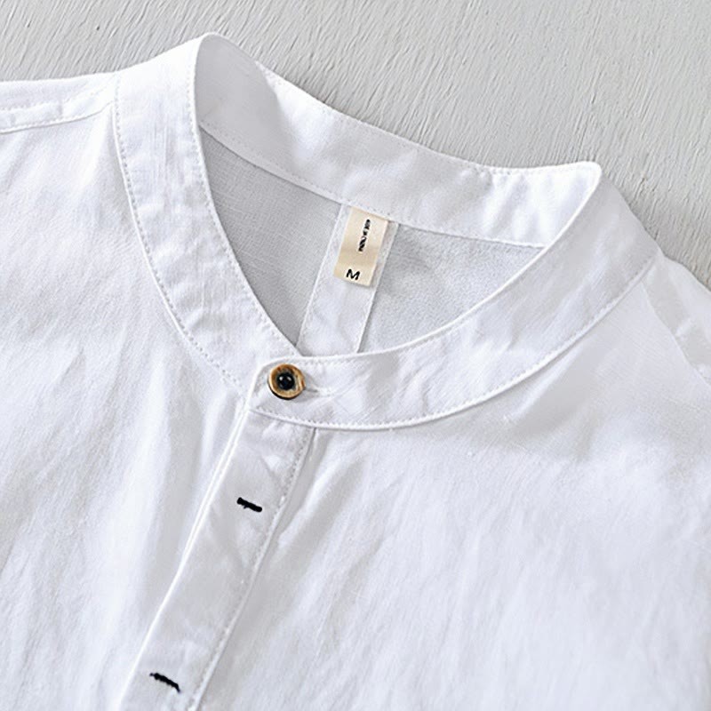 Causal Simple Design Short Sleeve Cotton Linen Half Button Men's Shirt