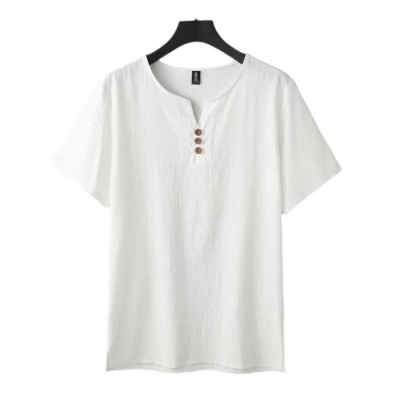 Solid Color V-neck Three Top Buttons Short Sleeve Cotton?linen Men's Shirt