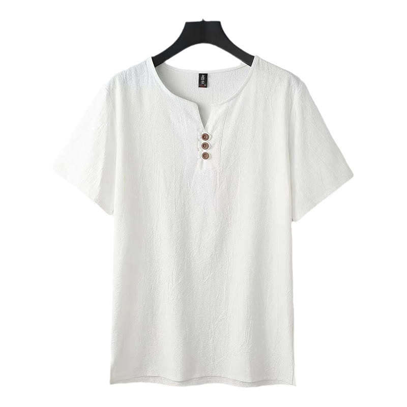 Solid Color V-neck Three Top Buttons Short Sleeve Cotton?linen Men's Shirt