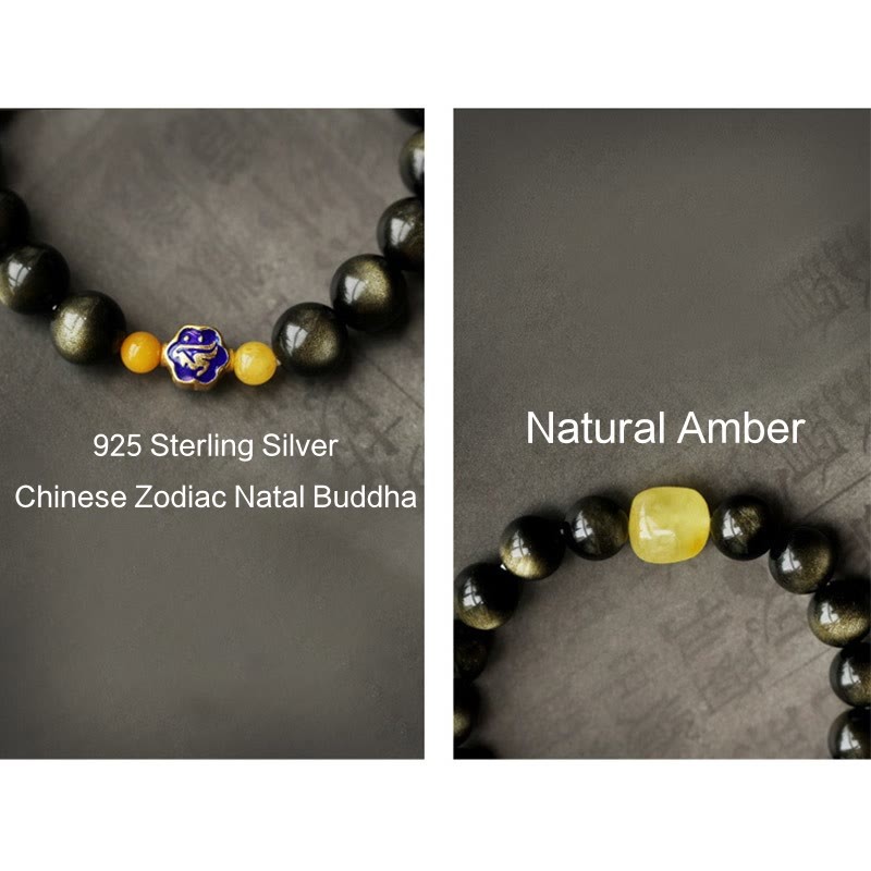 925 Sterling Silver Chinese Zodiac Natal mystic zen Natural Gold Sheen Obsidian Amber Wealth Protection Bracelet