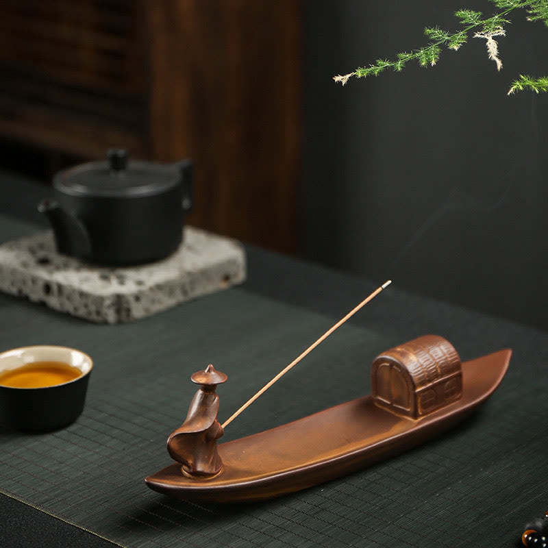Fisherman Fishing Boat Bamboo mystic zen Hand Lotus Spiritual Healing Ceramic Stick Incense Burner Decoration