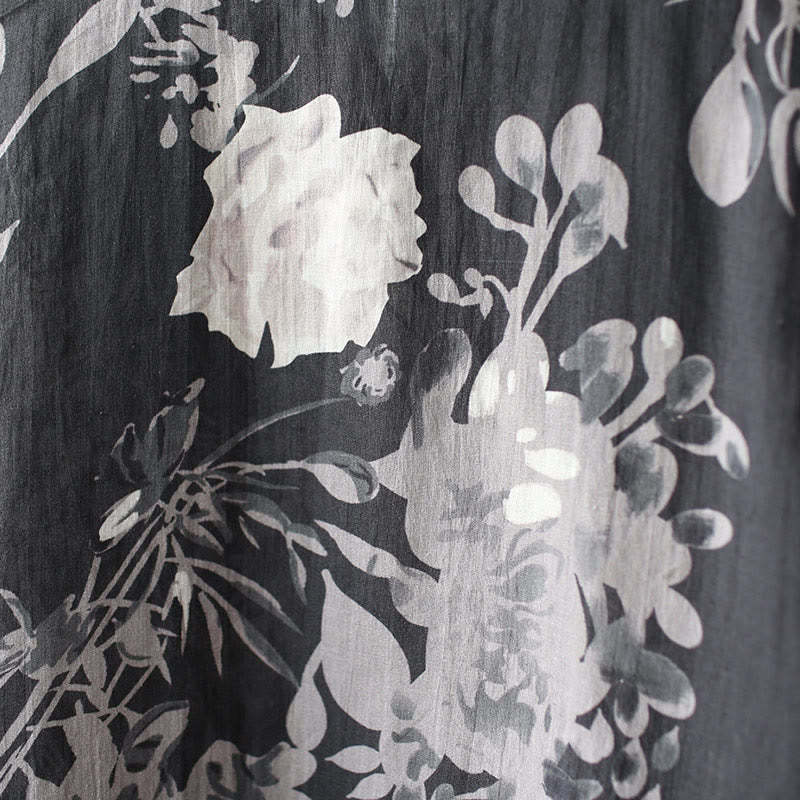 Ramie Linen Blue Flowers Leaves Cheongsam Dresses Short Sleeve Dress