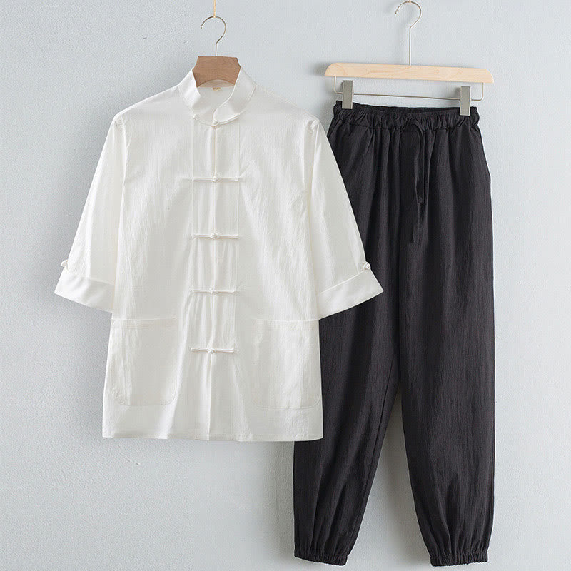 Tang Frog-Button Three Quarter Sleeve Shirt Pants Men's Suit