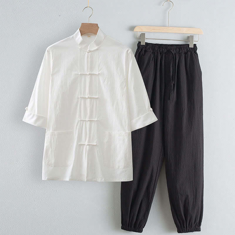 Tang Frog-Button Three Quarter Sleeve Shirt Pants Men's Suit
