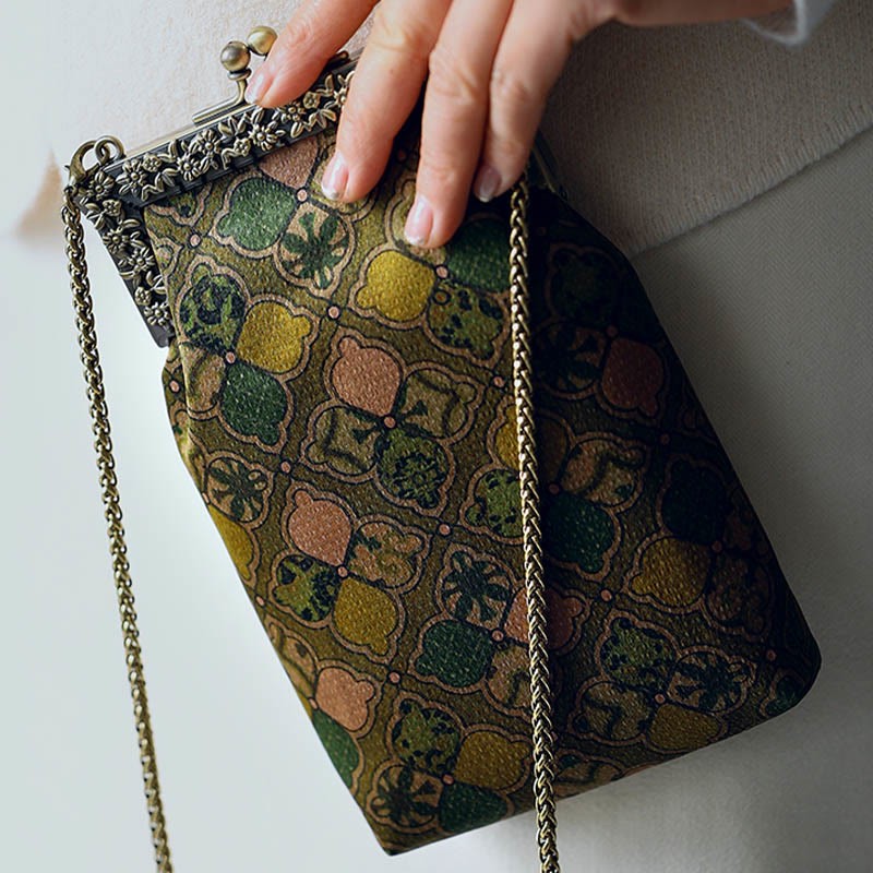 Green Leaves Handbag Metal Chain Crossbody Bag Shoulder Bag Cellphone Bag