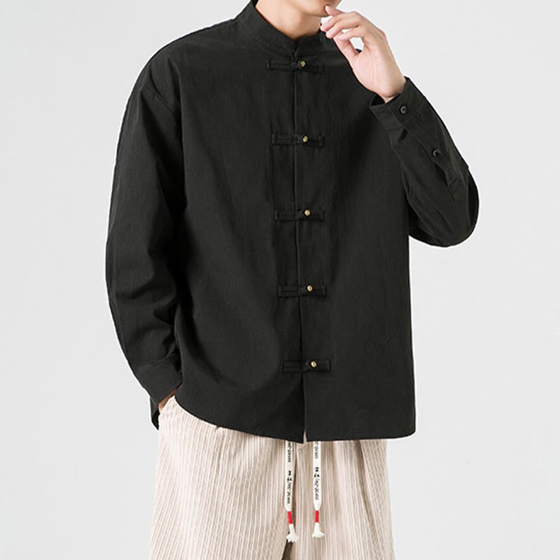 Solid Color Frog-button Tang Suit Cotton Men's Jacket Shirt