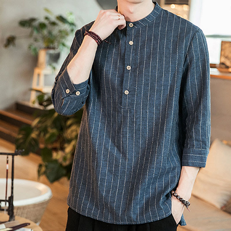 Half Button Striped Three Quarter Sleeves Linen Men's Shirt