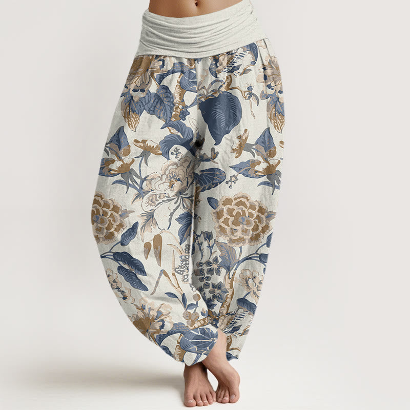 Lotus Leaf Peony Pattern Women's Elastic Waist Harem Pants