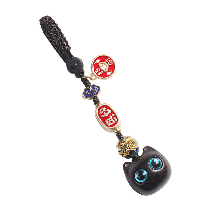 Ebony Wood Lucky Cat Auspicious Cloud Peace Key Chain Phone Hanging Decoration
