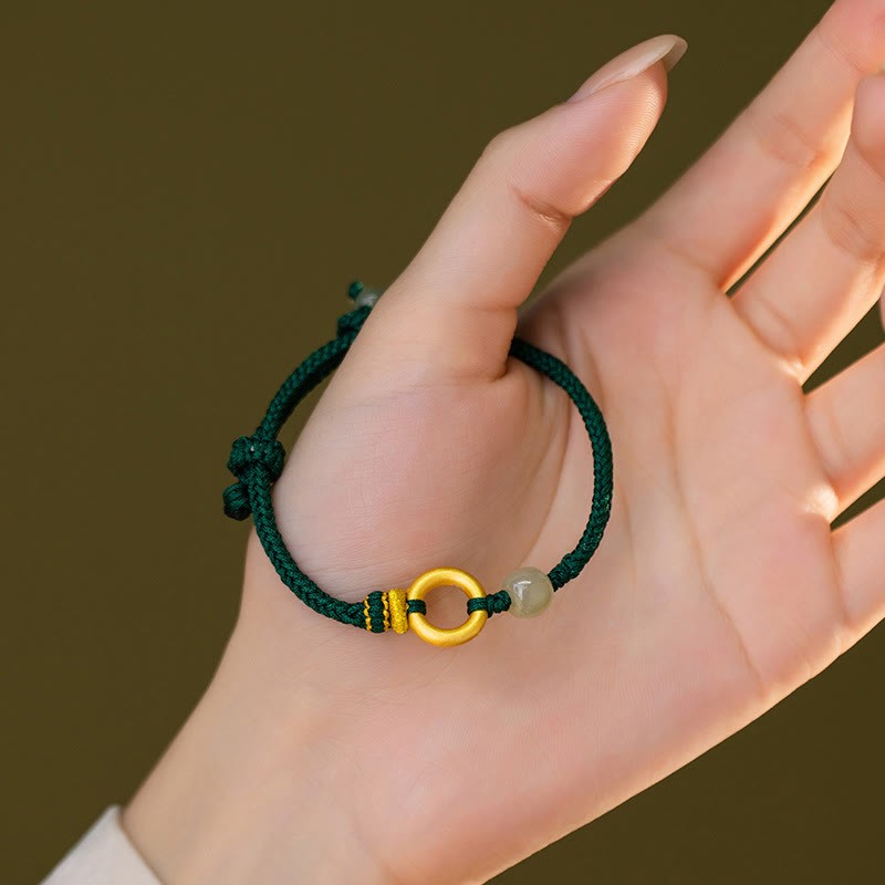 999 Sterling Silver Peace Buckle Hetian Jade Bead Luck Green Rope Braided Bracelet