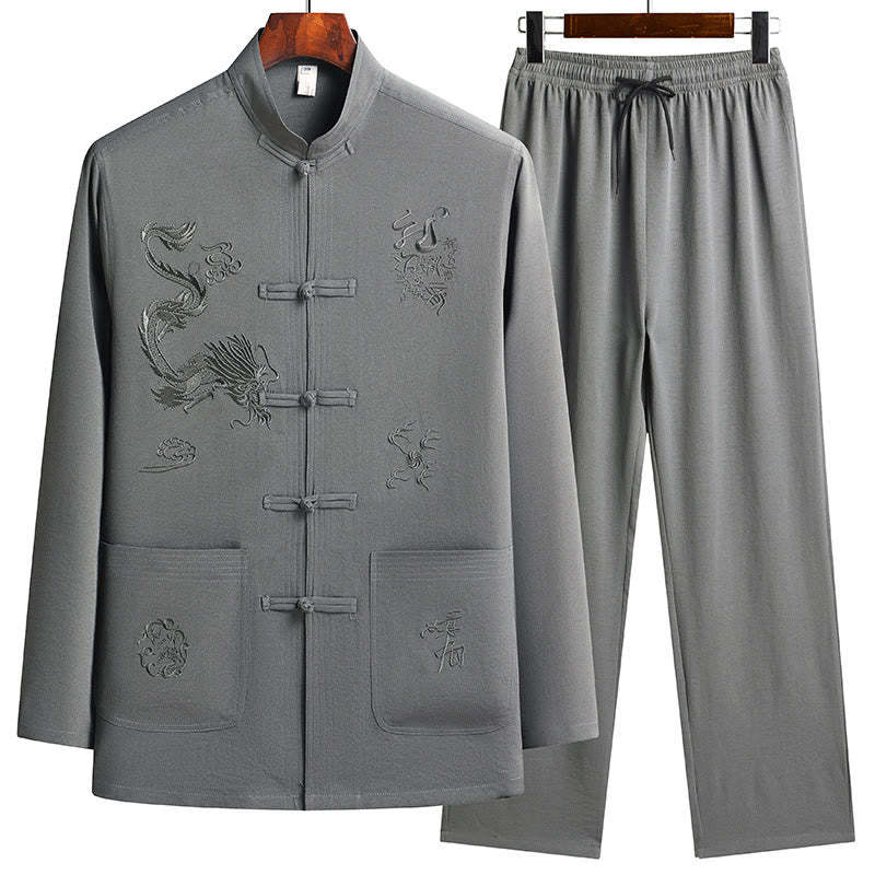 Chinese New Year Embroidered Dragon Frog-button Tang Suit Hanfu Long Sleeve Top Pants Clothing Men's Set
