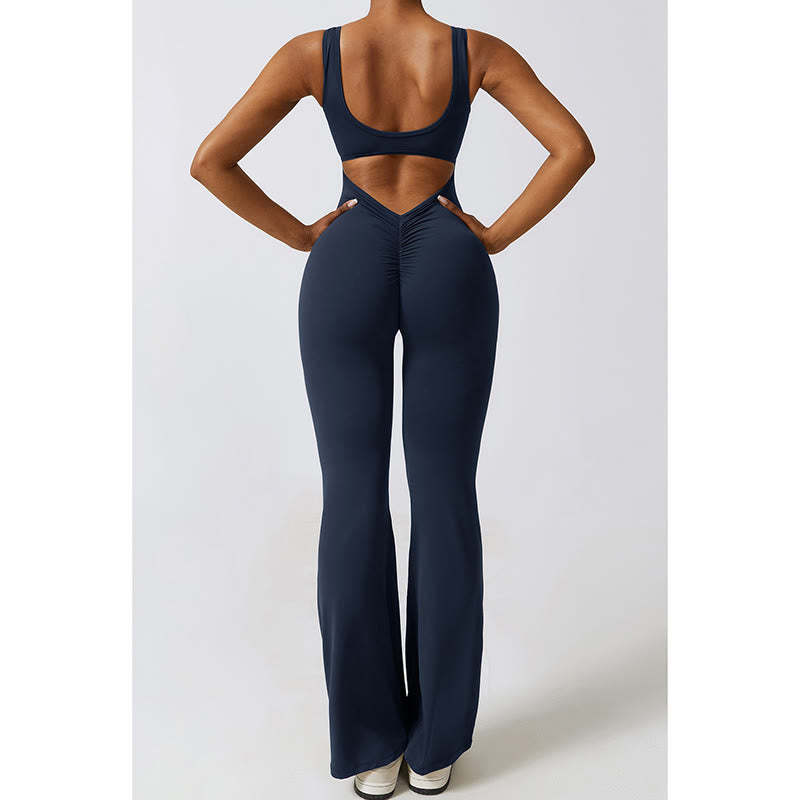 Women Workout Sleeveless Jumpsuit Flare Pants Sports Fitness Yoga Bodysuit