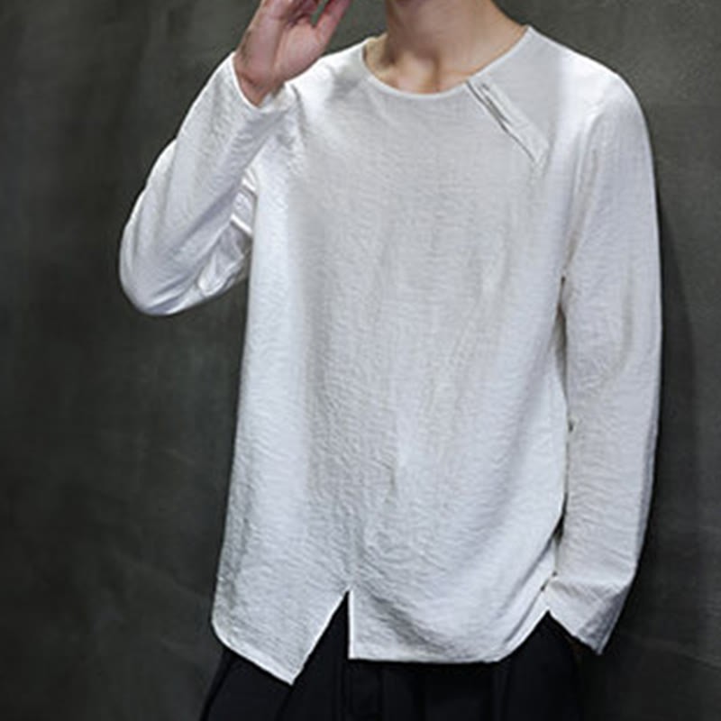Fall Solid Round Neck Long Sleeve T-Shirt Cotton Men Clothing