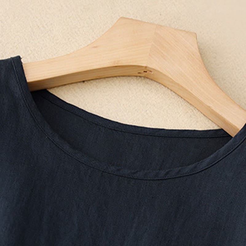 Casual Plain Crew Neck Lace-up Half Sleeve Cotton Linen Midi Dress With Pockets