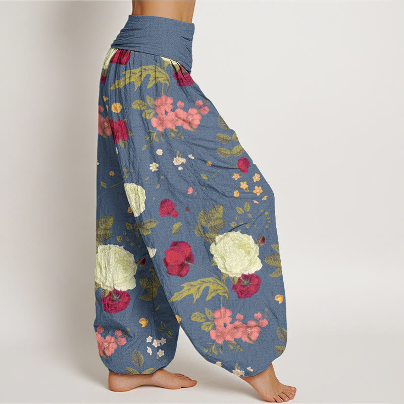 Rose Flowers Leaves Totem Pattern Women's Elastic Waist Harem Pants
