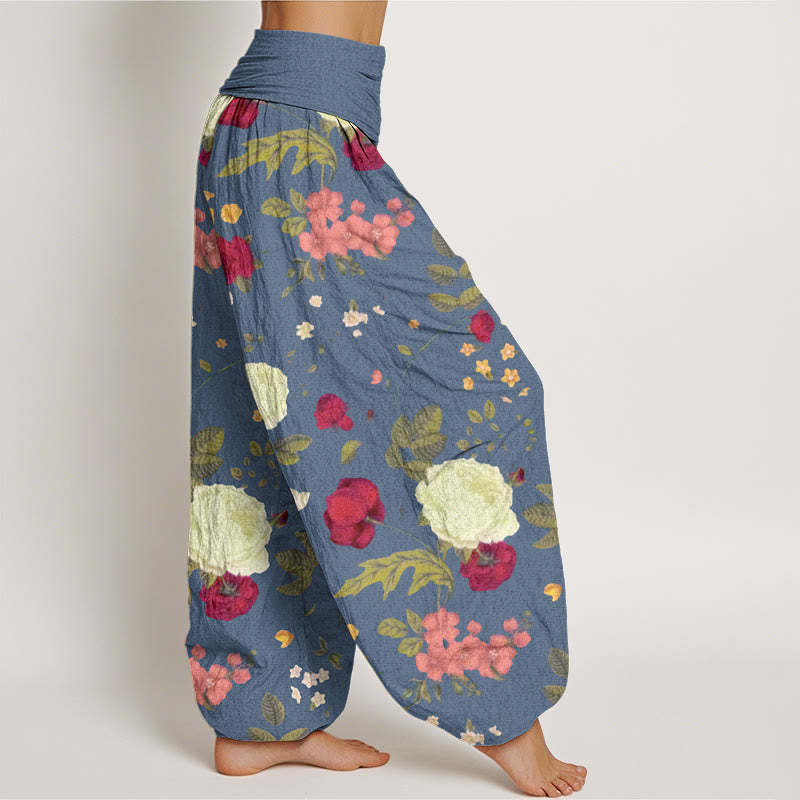 Rose Flowers Leaves Totem Pattern Women's Elastic Waist Harem Pants