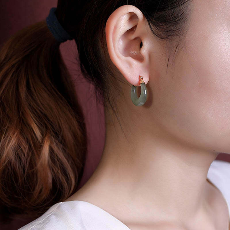 Round Jade Cyan Jade Prosperity Luck Drop Earrings