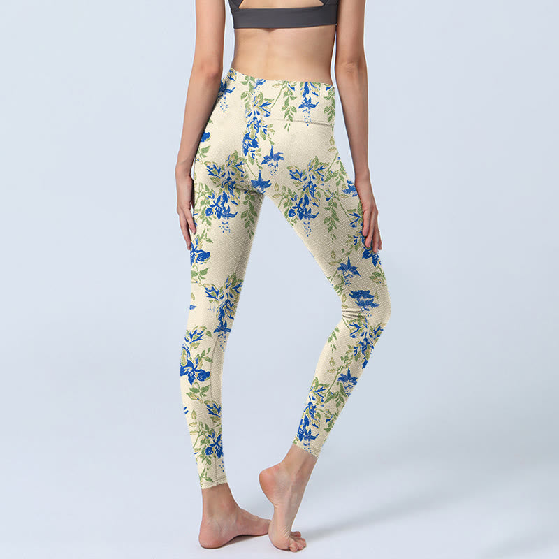 Casual Dark Blue Flower Leaves Print Gym Fitness Leggings Women's Yoga Pants