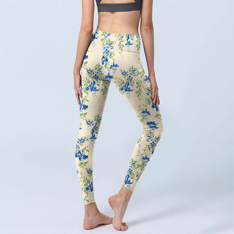 Casual Dark Blue Flower Leaves Print Gym Fitness Leggings Women's Yoga Pants