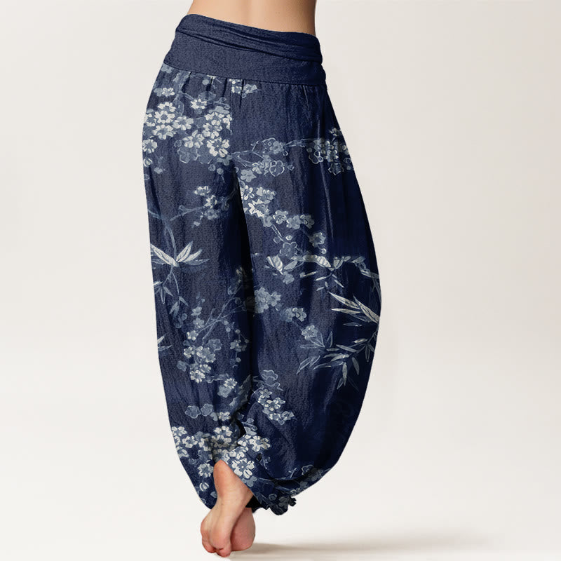 White Sakura Flower Pattern Women's Elastic Waist Harem Pants