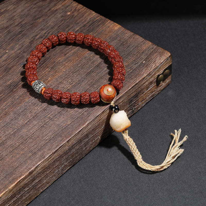 Tibet Rudraksha Bodhi Seed Dzi Bead Lucky Cat Dancing Lion Wealth Bracelet Wrist Mala