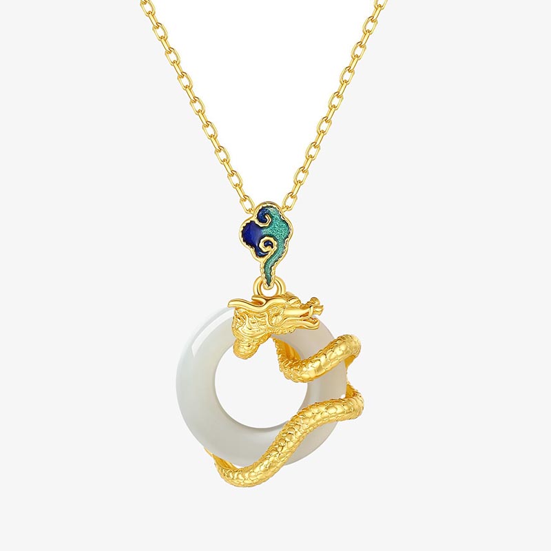 Year Of The Dragon 925 Sterling Silver Hetian White Jade Peace Buckle Auspicious Clouds Success Necklace Pendant