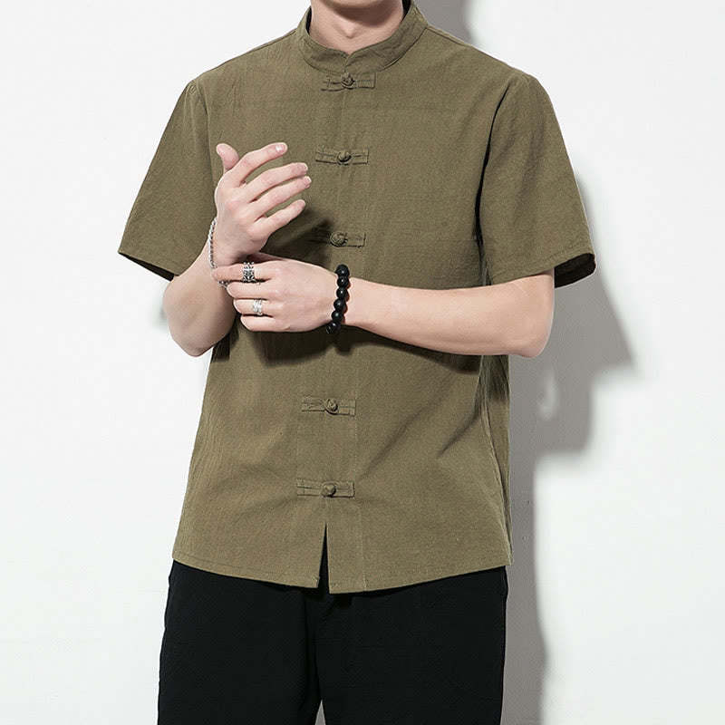 Casual Solid Color Front Frog Buttons Chinese Tang Suit Short Sleeve Linen Men's Shirt