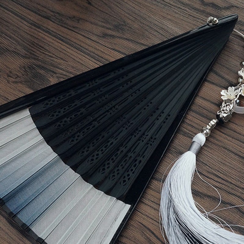 Ink Gradient Hollow Rib Plum Bossom Tassel Silk Handheld Bamboo Folding Fan