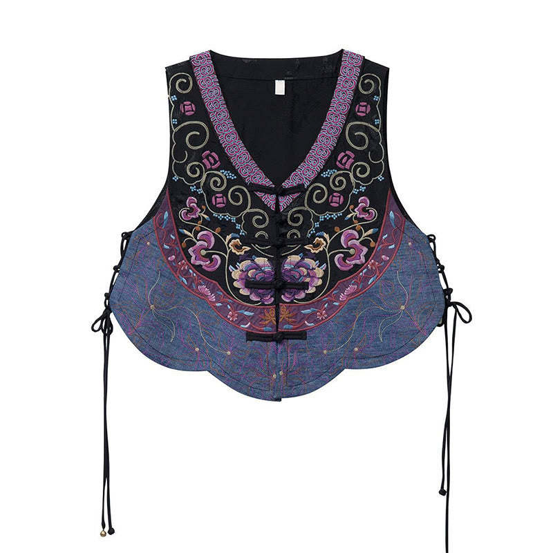 Vintage Frog-Button Embroidery Purple Flower Tang Suit Design Sleeveless Vest