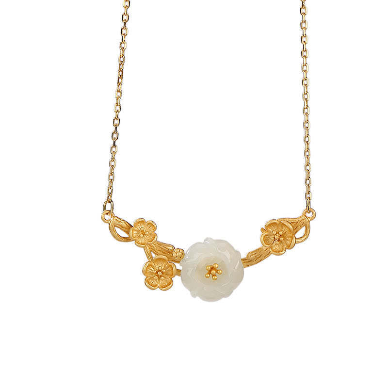 925 Sterling Silver Plated Gold Hetian Jade  Plum Blossom Luck Necklace Pendant Bracelet Bangle Ring