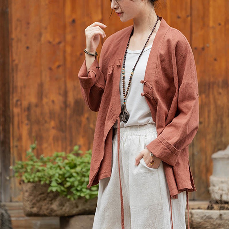 Frog-Button Hanfu Design Shirt Top Ramie Linen Jacket