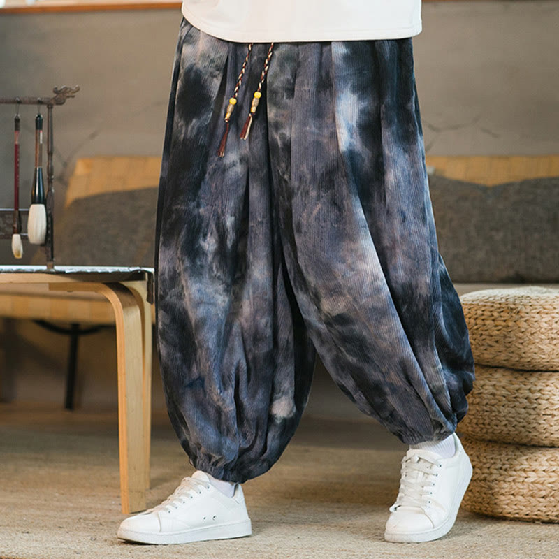 Ink Tie-dye Braided Drawstring Corduroy Cotton Men's Harem Pants With Pockets