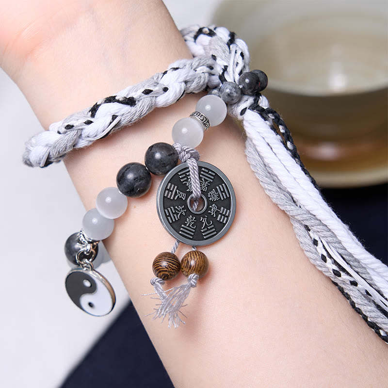 Black Glitter Stone Cat's Eye Yin Yang Mountain Ghosts Spend Money Power Double Layer Rope Bracelet
