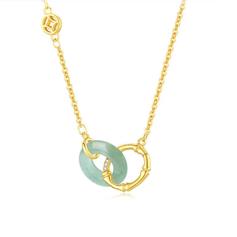 925 Sterling Silver Natural Green Aventurine Peace Buckle Bamboo Coin Prosperity Necklace Pendant