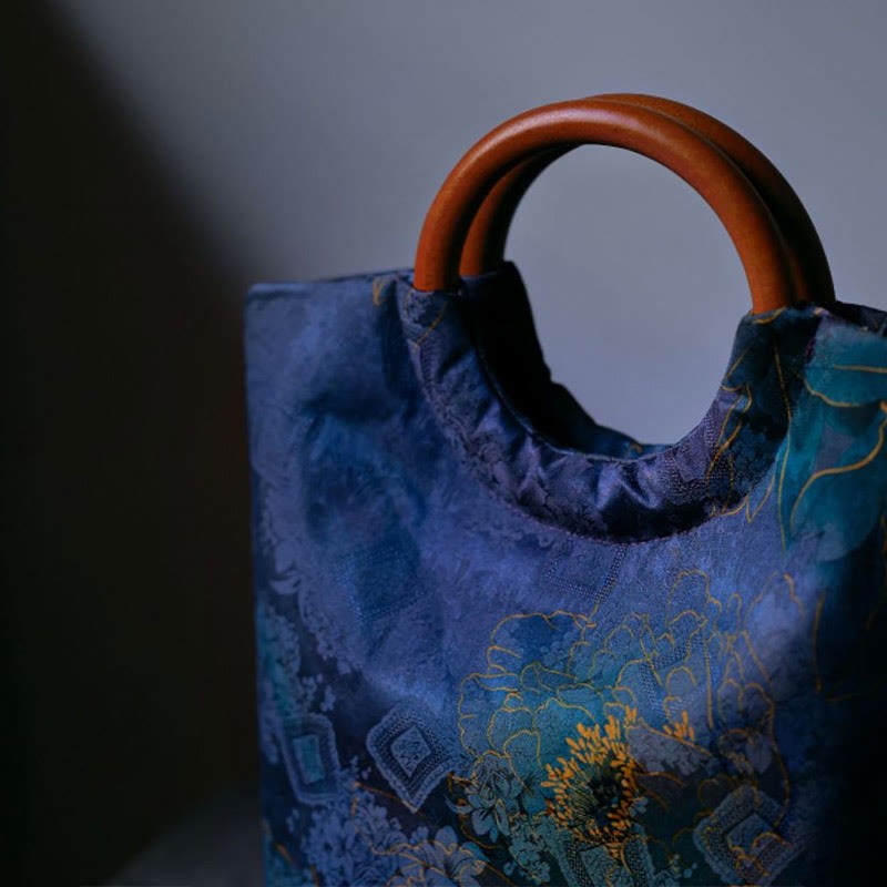 Peony Flower Bamboo Leaves Bird Solid Wood Handle Handbag