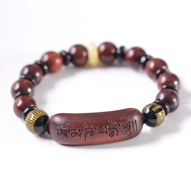 Small Leaf Red Sandalwood Om Mani Padme Hum Engraved Protection Bracelet