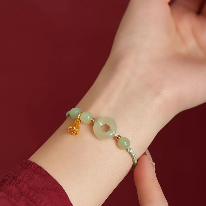 Round Peace Buckle Jade Lotus Happiness Abundance Wealth String Bracelet