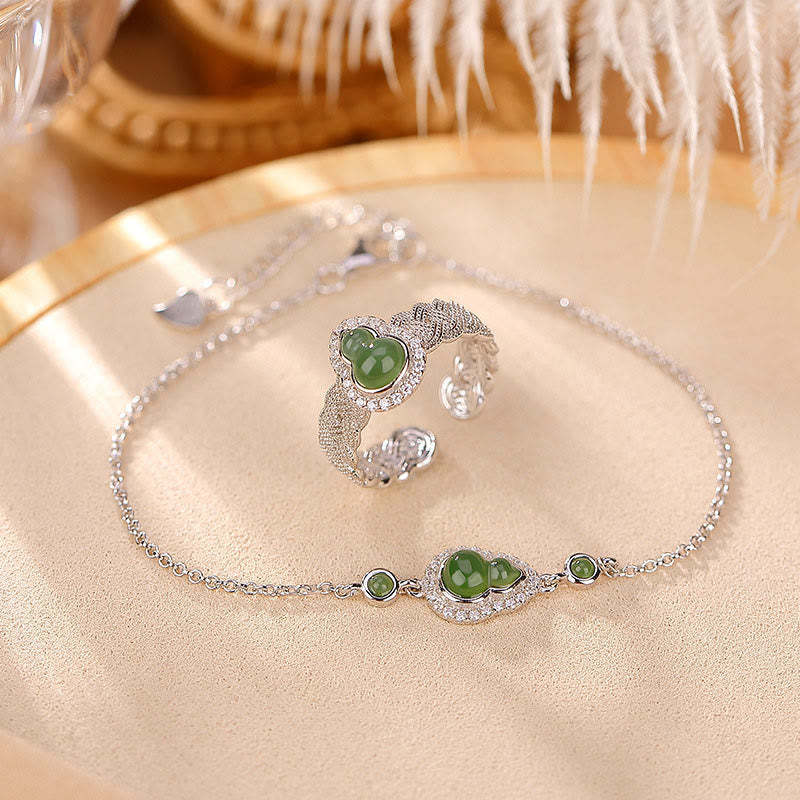 925 Sterling Silver Plated Gold Natural Hetian Cyan Jade Gourd Luck Bracelet Ring Set